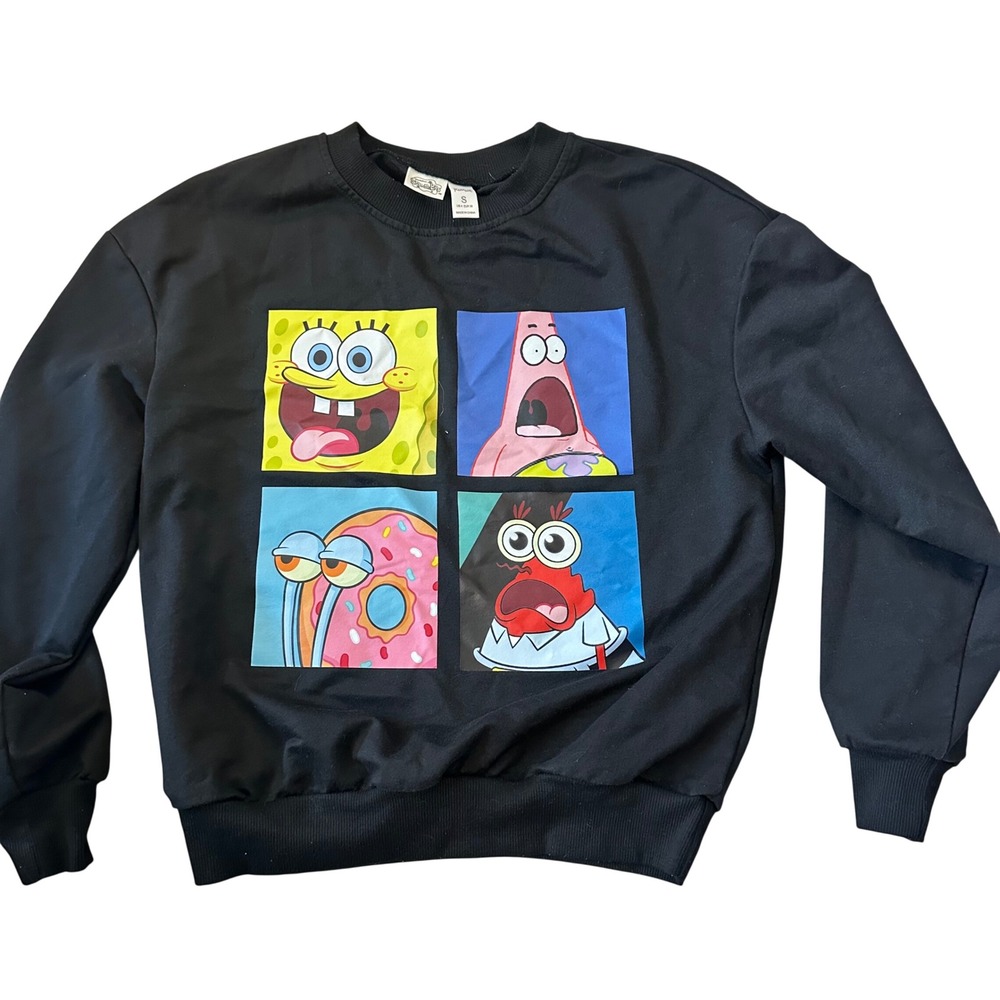 SpongeBob SquarePant Romwe Graphic Sweatshirt Black Crewneck Cartoon Character S